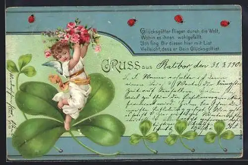 AK Kleiner Engel tanzt auf einem vierblättrigen Kleeblatt