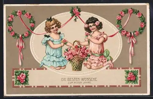 Präge-AK Neujahrsgruss, Zwei Mädchen mit einem Rosenkorb