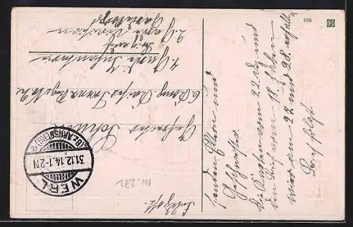 Präge-AK Neujahrsgruss, Zwei Mädchen mit einem Rosenkorb