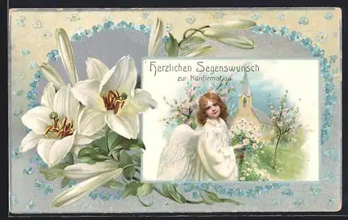 AK Segenswunsch zur Konfirmation, Engel vor einer Kirche im Frühling, Lilien-Passepartout