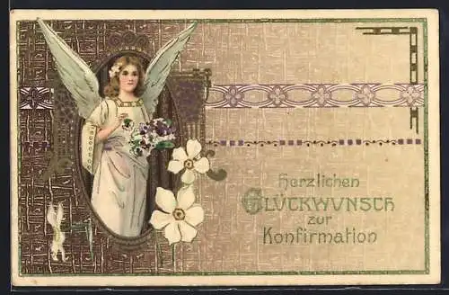 AK Engel mit Blumenstrauss, Glückwunsch zur Konfirmation