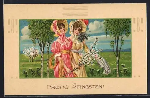 Präge-AK Frohe Pfingsten, Freundinnen auf einem Frühlingsspaziergang