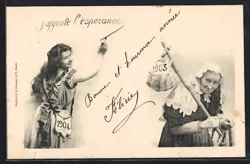 AK Das neue Jahr 1902 löst das alte Jahr 1901 ab, J`apporte l`esperance