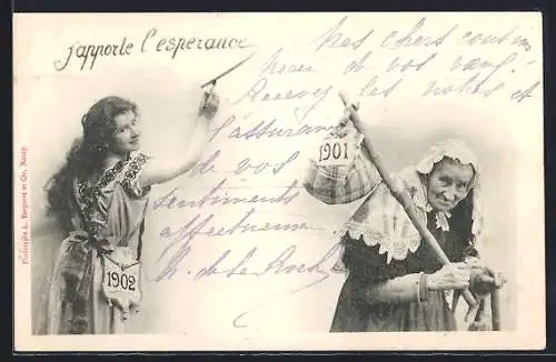AK Alte Frau als das vergangene Jahr 1901, junge Frau als das neue Jahr 1902