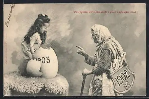 AK Altes Jahr 1902 verabschiedet sich vom frisch geschlüpften 1903