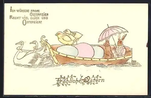 Präge-AK Osterhase und Osterküken fahren in einem Boot