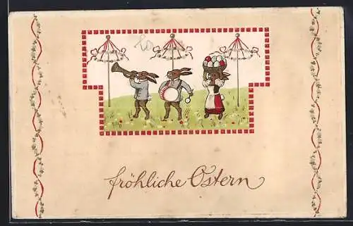 AK Musizierende Osterhasen auf einer Wiese