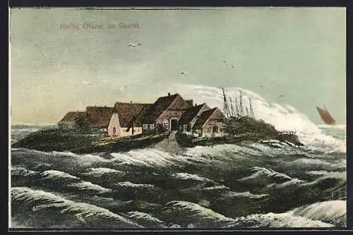 AK Hallig Oland, die Hallig im Sturm