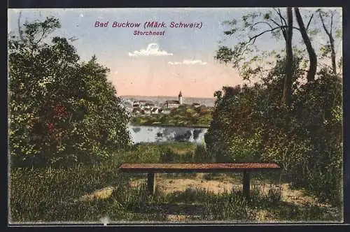 AK Bad Buckow /Märk. Schweiz, Storchnest mit Blick auf die Stadt