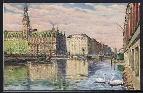 AK Hamburg, Rathaus mit Reichsbank und kleiner Alster, Schwäne
