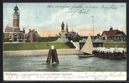 AK Holtenau, Landungsbrücke und Kaiser Wilhelm Denkmal