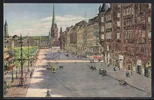 AK Hamburg-Neustadt, Jungfernstieg mit Petri- und Jacobikirche, Strassenbahn