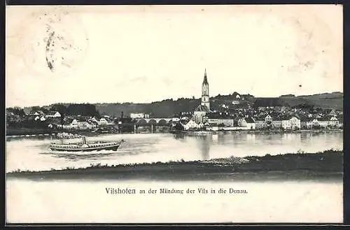 AK Vilshofen, Ortsansicht an der Mündung der Vils in die Donau, Dampfer