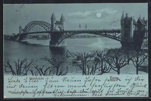 Mondschein-AK Bonn, Blick auf die Rheinbrücke vom Ufer aus