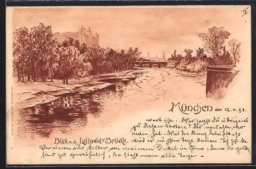 Lithographie München, Bick v. d. Luitpold-Brücke