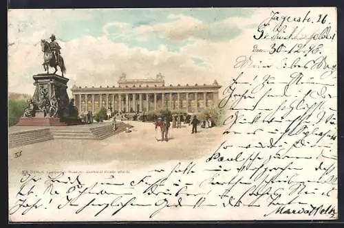 Lithographie Berlin, Lustgarten-Museum und Denkmal Friedrich-Wilhelm III mit Leuten