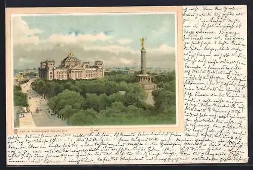 Lithographie Berlin-Tiergarten, Siegessäule mit Reichstagsgebäude