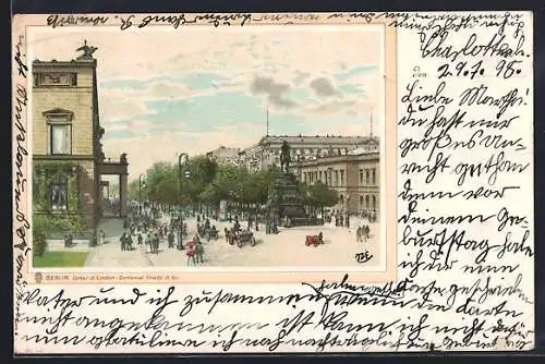 Lithographie Berlin, Unter den Linden am Denkmal Friedrich der Grosse