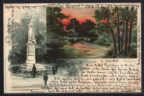 Lithographie Berlin-Tiergarten, Königin Luise Denkmal, Teich im Thiergarten
