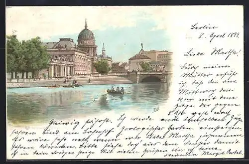 Lithographie Potsdam, Ruderboote am Stadtschloss