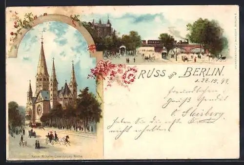 Lithographie Berlin-Tiergarten, Kaiser-Wilhelm-Gedächtniss-kirche, Strassenpartie