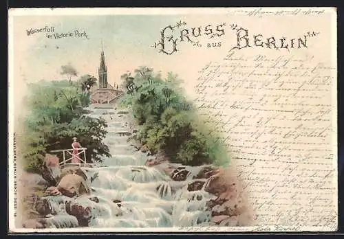 Lithographie Berlin-Kreuzberg, Wasserfall im Victoria-Park