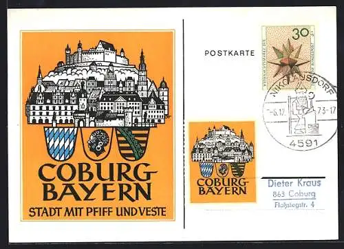 Künstler-AK Coburg /Bayern, Wappen und Stadtpanorama