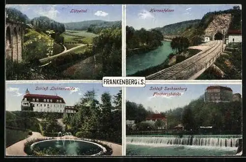 AK Frankenberg i. S., Lützeltal, Karrasfelsen, Schloss Lichtenwalde und Schloss Sachsenburg mit Fischerschänke