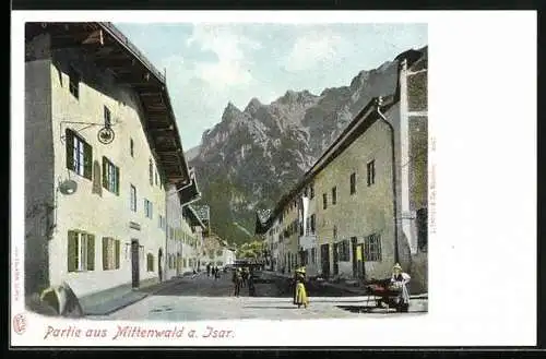 AK Mittenwald, Untere Marktstrasse mit Bergpanorama