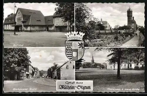 AK Mülheim-Styrum, Bahnhof, Schloss und Wasserturm, Oberhauser Strasse, Marktplatz und evang. Kirche