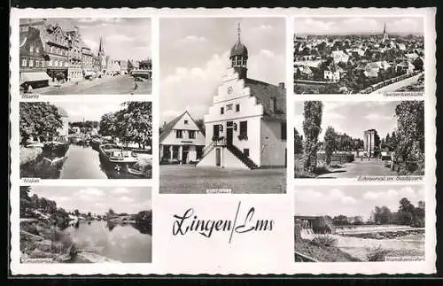 AK Lingen Ems, Gesamtansicht, vor dem Rathaus, auf dem Markt, Schiffe im Hafen, Ehrenmal im Stadtpark