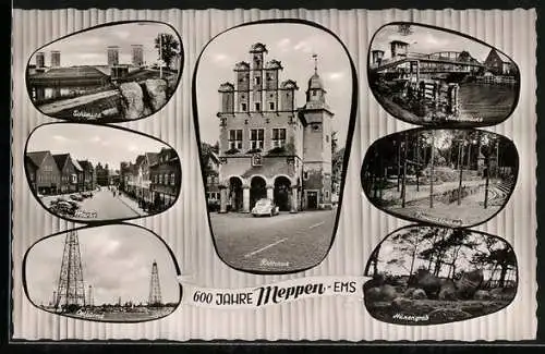 AK Meppen /Ems, Schleuse, Markt, Öltürme, Rathaus, Hasebrücke, Freilichtbühne und Hünengrab