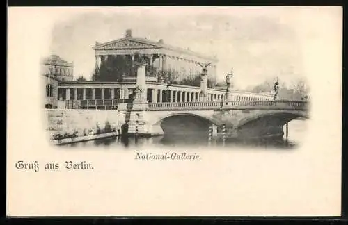 AK Berlin, National-Gallerie mit Brücke und Flusspartie
