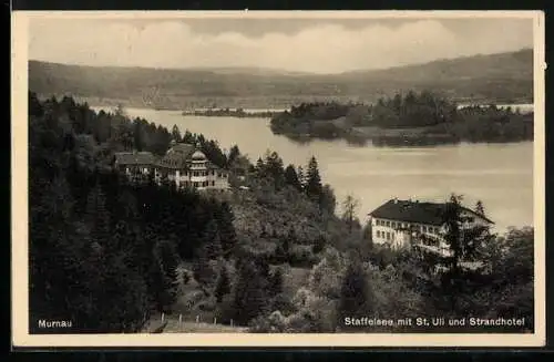 AK Murnau, Staffelsee mit St. Uli und Strandhotel