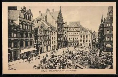 AK Trier, Hauptmarkt und Petrusbrunnen, Markt in vollem Betrieb