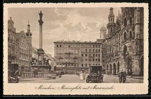 AK München, Marienplatz mit Mariensäule, Autos und Passanten