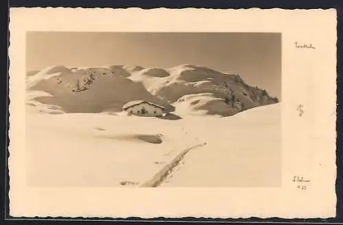 Foto-AK Adalbert Defner: Haus im Schnee mit Bergpanorama