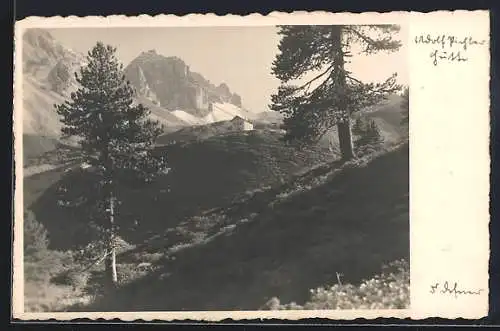 Foto-AK Adalbert Defner: Berglandschaft mit Haus und Gipfeln