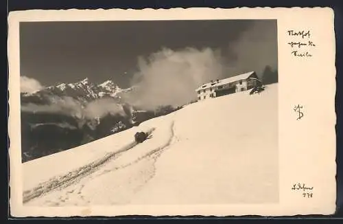 Foto-AK Adalbert Defner: Schneelandschaft mit Haus und Gipfelpanorama