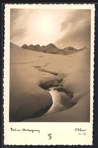 Foto-AK Adalbert Defner: Gebirgsbach im Tiefschnee