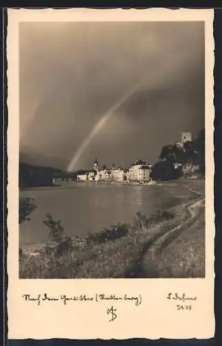 Foto-AK Adalbert Defner: Rattenberg, Regenbogen nach dem Gewitter