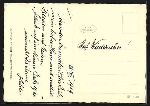 Foto-AK Adalbert Defner: Verschneite Berglandschaft im Sonnenschein, Neujahrsgruss