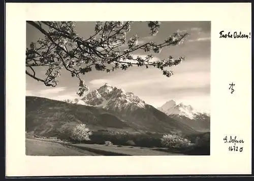 Foto-AK Adalbert Defner: Berglandschaft mit blühendem Baum, Ostergruss