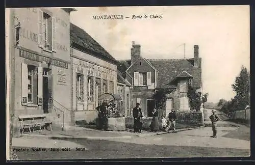 AK Montacher, Route de Chéroy avec villageois devant le café et la maison