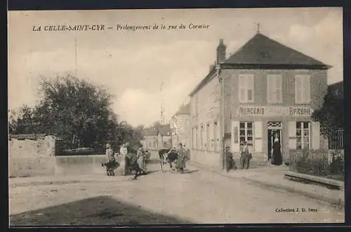 AK La Celle-Saint-Cyr, Prolongement de la rue du Cormier avec mercerie et épicerie
