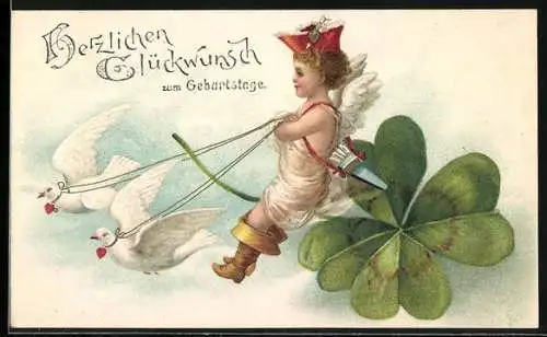 Präge-AK Amor mit Kleeblatt und zwei Tauben, Herzlichen Glückwunch zum Geburtstag