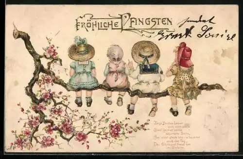 Präge-AK Vier Kinder sitzen auf einem Ast, Fröhliche Pfingsten