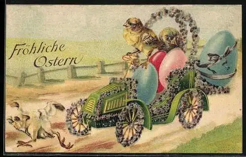 Präge-AK Osterküken fahren auf einem Auto mit Ostereiern