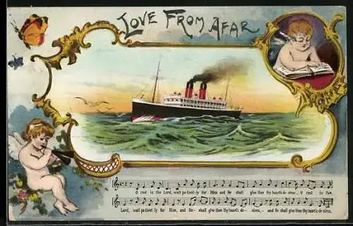 AK Engel mit Buch und Engel mit Posaune, Schiff auf hoher See, Love from Afar