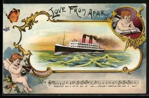 AK Engel mit Buch und Engel mit Posaune, Schiff auf hoher See, Love from Afar